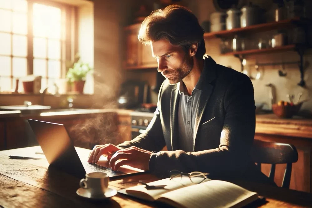 Working adult completing online degree at kitchen table balancing higher education with career and family life