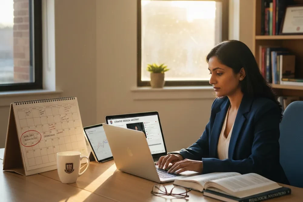 Professional adult learner studying course materials while balancing work and education in modern office setting