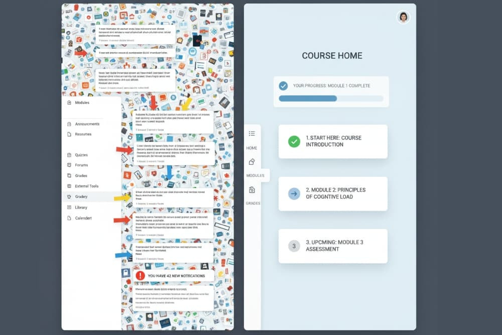 Diagram showing a cluttered online course interface next to a simplified, minimalist course interface illustrating reduced cognitive load for students.
